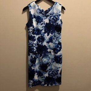 T Tahari sleeveless blue and white flower pattern dress, size 6